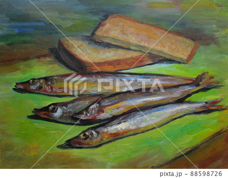 Original oil painting still life painting, bread, fish 88598726