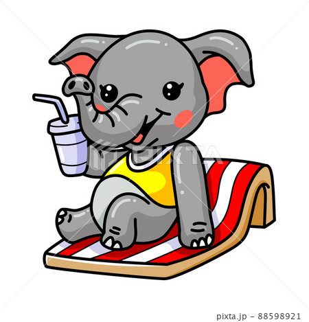 Cute baby elephant cartoon sunbathing on beach chair	 88598921