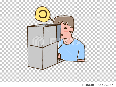 一個用視力計接受視力測試的人,一個滑稽的手寫人,一個矢量,線條圖上的顏色 一個用視力計接受視力測試的人,一個滑稽的手寫人,一個矢量,線條圖上的顏色 88599227