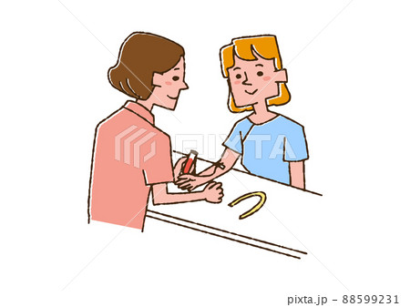 血液検査を受けている女性　コミカルな手書きの人物　ベクター、線画にカラー 88599231