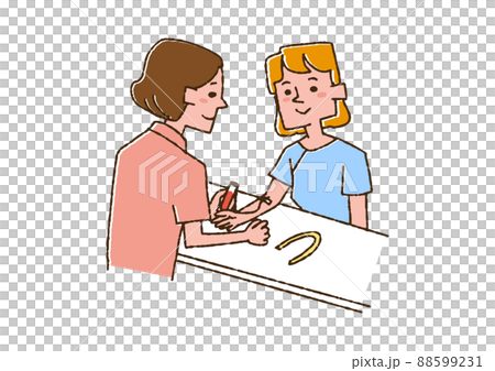 血液検査を受けている女性　コミカルな手書きの人物　ベクター、線画にカラー 88599231