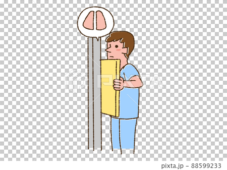 A man taking X-rays of the lungs and heart, a comical handwritten person vector, color on a line drawing 88599233