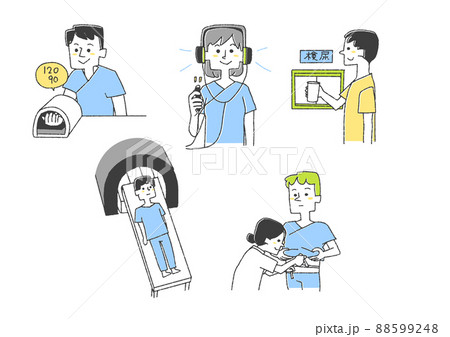 健康診断 人間ドッグに関するイラストセット2 コミカルな手書きの人物 ベクター 線画にカラーのイラスト素材