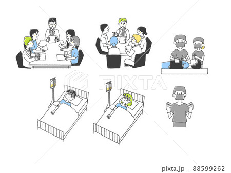 重大な病気や事故での入院のセット　コミカルな手書きの人物　ベクター、線画にカラー 88599262