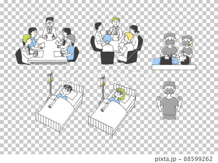 重大な病気や事故での入院のセット　コミカルな手書きの人物　ベクター、線画にカラー 88599262