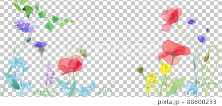 A watercolor illustration of a spring field where various flowers are in full bloom. Frame decoration. 88600233