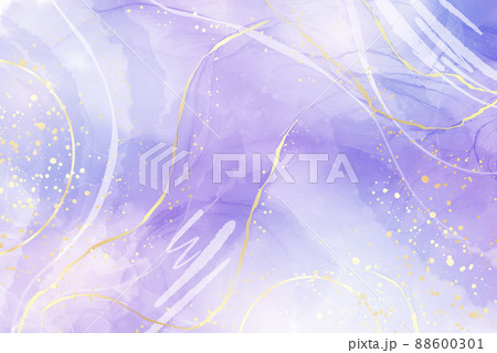 Purple gey liquid watercolor background with golden dots. Dusty violet marble alcohol ink drawing effect. Vector illustration design template for wedding or party invitation, menu, rsvp 88600301