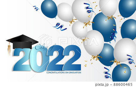 Congratulations graduation. Class of 2022. Graduation cap and confetti and balloons. Congratulatory banner. Academy of Education School of Learning. Congratulations graduation. Class of 2022. Graduation cap and confetti and balloons. Congratulatory banner. Academy of Education School of Learning. 88600465
