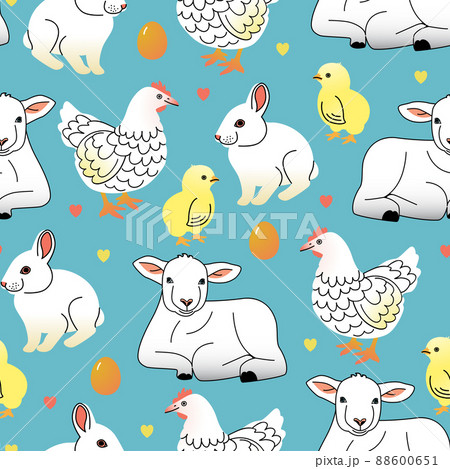 Easter vector seamless pattern with chickens, hens, rabbits and sheep Easter vector seamless pattern with chickens, hens, rabbits and sheep 88600651