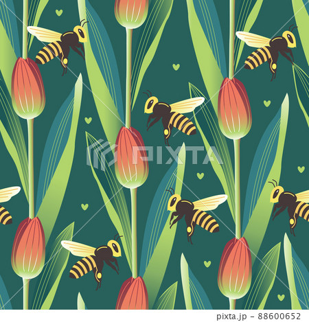 Vector seamless pattern with bees flying among tulips 88600652