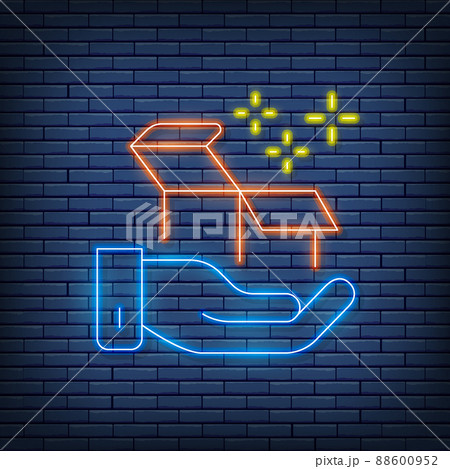 Vector hand with box, delivery, gift neon sign. Vector illustration in neon style. 88600952