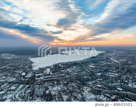 Yekaterinburg aerial panoramic view at Winter in cloudy day. Ekaterinburg is the fourth largest city in Russia located in the Eurasian continent on the border of Europe and Asia. 88601001