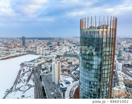 Yekaterinburg skyscraper aerial panoramic view at Winter in cloudy day. Ekaterinburg is the fourth largest city in Russia located in the Eurasian continent on the border of Europe and Asia. 88601002
