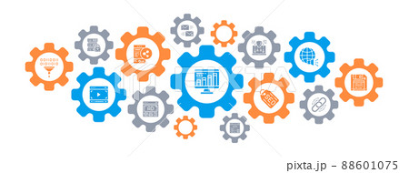 SEO infographic icons banner. Bookmark, Hosting, Hyperlink, Advertisement, Data concept icons banner background. Web Header Design illustration. SEO infographic icons banner. Bookmark, Hosting, Hyperlink, Advertisement, Data concept icons banner background. Web Header Design illustration. 88601075