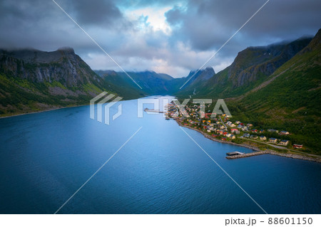Aerial view of the Gryllefjord village and fjord on Senja Island, Norway 88601150