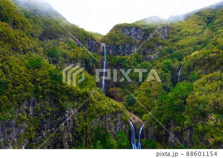 Aerial view of the Risco waterfall in the Madeira Islands, Portugal Aerial view of the Risco waterfall in the Madeira Islands, Portugal 88601154