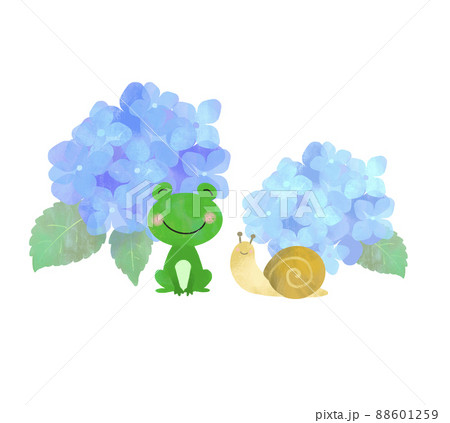 あじさいとカエルとカタツムリのかわいいイラスト 紫陽花 アジサイ かえる かたつむりのイラスト素材
