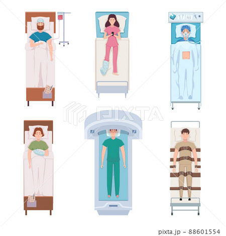 Patient in bed. Ill cartoon characters in hospital bed emergency procedures for help persons exact vector patient top view Patient in bed. Ill cartoon characters in hospital bed emergency procedures for help persons exact vector patient top view 88601554