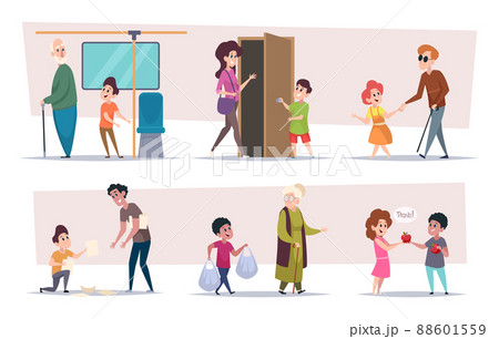 Polite kids. Children helping elderly characters kids giveaway and thank each other exact vector colored cartoon set 88601559