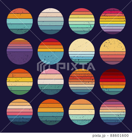 Sunset retro logo. California banners 1980 templates circle colored vintage pictures for badges recent vector ilustrations set 88601600