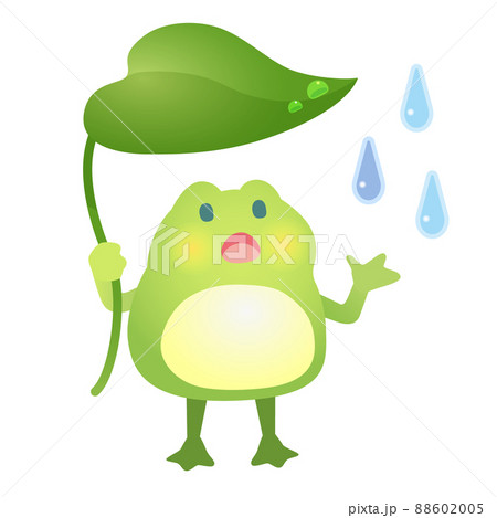 梅雨の季節にピッタリな、はっぱの傘をさしたカエルのベクターイラスト 88602005