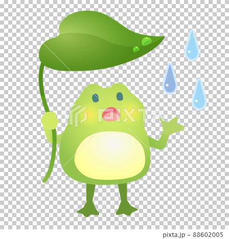 梅雨の季節にピッタリな、はっぱの傘をさしたカエルのベクターイラスト 88602005