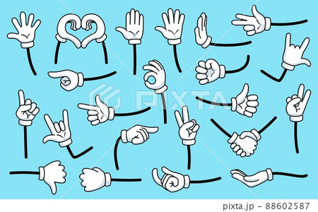 Cartoon gloves hands. Comics arms, hand mascot in white glove. Isolated arm and fingers gestures variations, handshake, ok sign, garish vector set 88602587