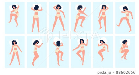 Sleep poses. Sleeps on back side with pillow, relaxing positions woman. Cute female dreaming in bed, night time. Bedroom relaxation recent vector set 88602656