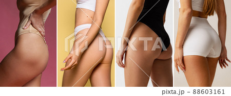Set of cropped images of sportive female buttocks in cotton underwear isolated over multicolored background. Anti-cellulite care concept 88603161