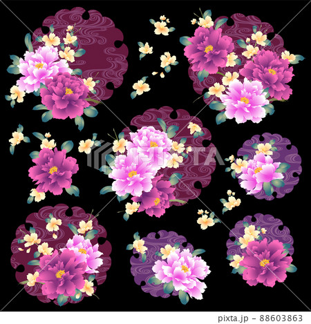 日本的な牡丹と雲型の素材集, 88603863