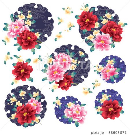 日本的な牡丹と雲型の素材集, 88603871