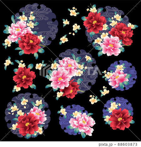 日本的な牡丹と雲型の素材集, 88603873