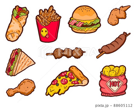 Unhealthy food. Cartoon junk food with hot dog... - Stock Illustration  [88605112] - PIXTA