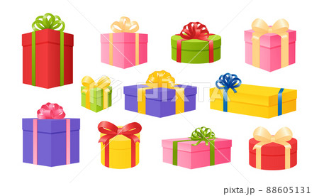Present gift boxes. Design surprise to anniversary, birthday and . Vector cartoon illustration to cube surprise isolated romantic box 88605131