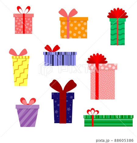 a set of gift boxes with bows, different shapes and patterns. vector isolated on a white background a set of gift boxes with bows, different shapes and patterns. vector isolated on a white background 88605386
