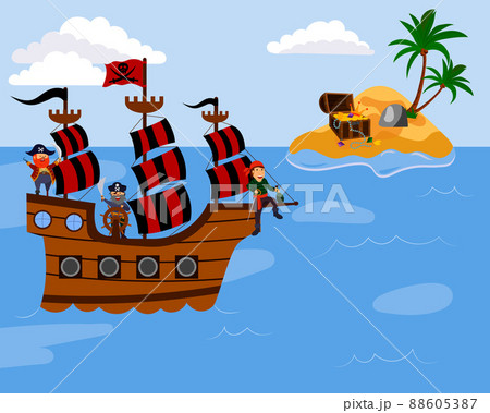 cartoon vector illustration of pirates sailing on a ship to an island, isolated on a white background cartoon vector illustration of pirates sailing on a ship to an island, isolated on a white background 88605387