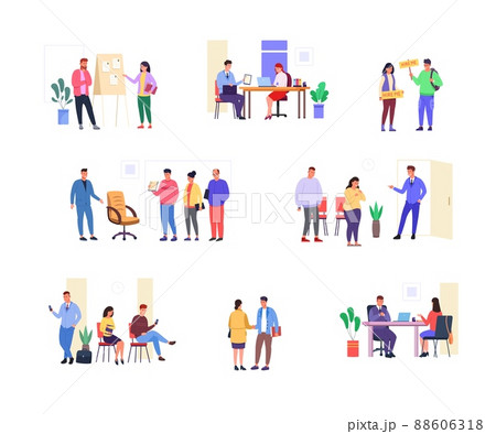 People seeking employment. Ceo with job seeker talking professional hr interview, recruitment hiring process employee conversation hunting office sit recruiter queue, garish vector 88606318