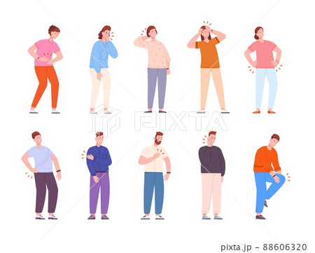 People physical hurt. Woman disease illness leg neck back, person types pain painfulness stomach, ill girl physical injured, ache joints headache, flat splendid vector illustration 88606320
