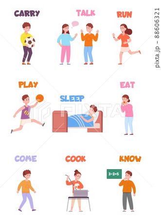 Children action verb. Child character learning read english mechanisme, kid everyday activities, exercise education on study card carry eat cook sleep, splendid vector illustration 88606321
