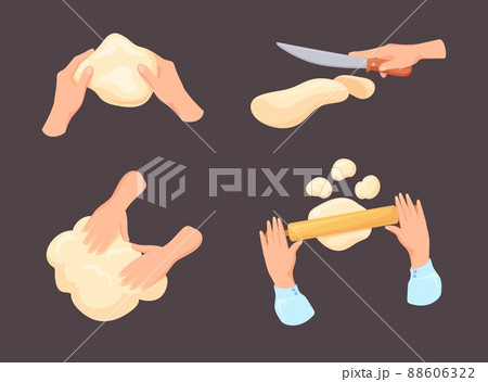 Kneading dough hands. Baker hand knead flour with doughs for making baking bread on yeast, home bake recipe prepare sourdough for cook bakery cake, cartoon neat vector illustration 88606322