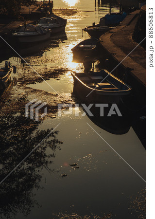 滋賀県大津市堅田湖岸から琵琶湖の朝日を撮影 88606813