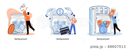 Saving account concept. People with coins and piggy bank. Bank account accumulation of funds, wealth Saving account concept. People with coins and piggy bank. Bank account accumulation of funds, wealth 88607013
