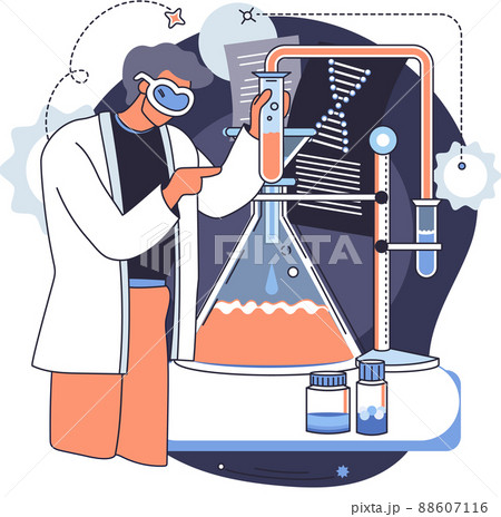 Scientist with flasks, microscope and medical equipment working on antiviral treatment development Scientist with flasks, microscope and medical equipment working on antiviral treatment development 88607116