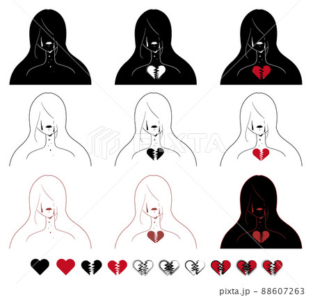 涙を流す女性と割れたハートの鬱病イメージの抽象的なアイコンイラストセット 88607263