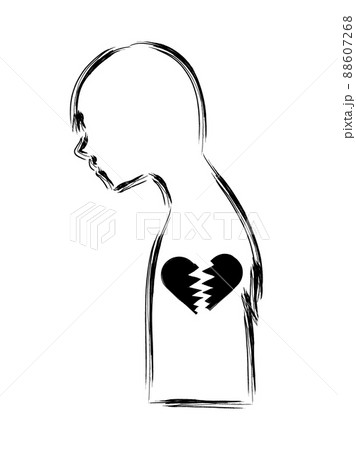 白色の塗りと黒色の線の女性のシルエットと割れたハートの精神崩壊イメージの抽象的なイラスト 88607268