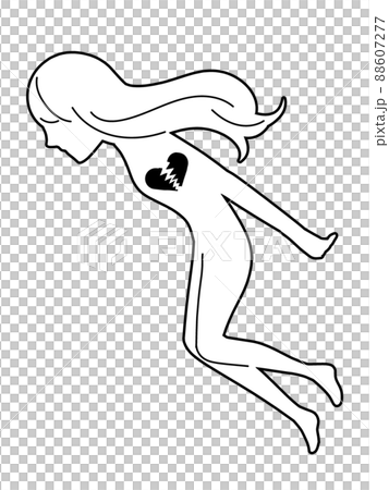 白色の塗りと黒色の割れたハートと身投げする女性のシルエットの抽象的な投身自殺イメージのイラスト 白色の塗りと黒色の割れたハートと身投げする女性のシルエットの抽象的な投身自殺イメージのイラスト 88607277