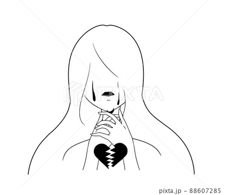 白色の塗りと黒色の線の首を絞める女性と割れたハートマークの自殺イメージの抽象的なイラスト 88607285