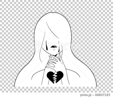 白色の塗りと黒色の線の首を絞める女性と割れたハートマークの自殺イメージの抽象的なイラスト 88607285