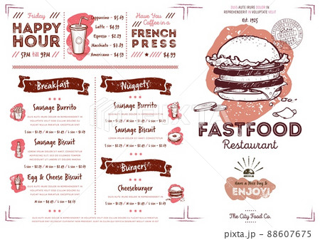 Fastfood restaurant or bistro menu booklet design template. Cafe flier for fast order Fastfood restaurant or bistro menu booklet design template. Cafe flier for fast order 88607675