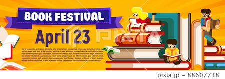 Book festival website header banner template. Man woman reading paper textbook design 88607738